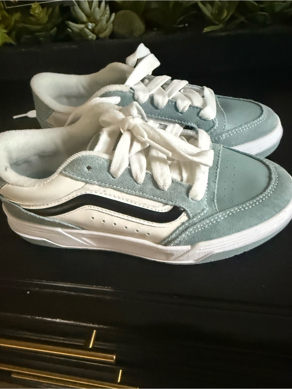 Vans Teal and White Low-Top Skate Sneakers